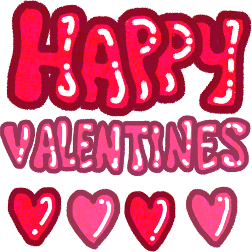 the word 'happy' in red bubble letters with white highlights, under it is the word 'valentines' in pink in bubble letters with white highlights, under that is 4 hearts, 2 red and 2 pink also with highlights